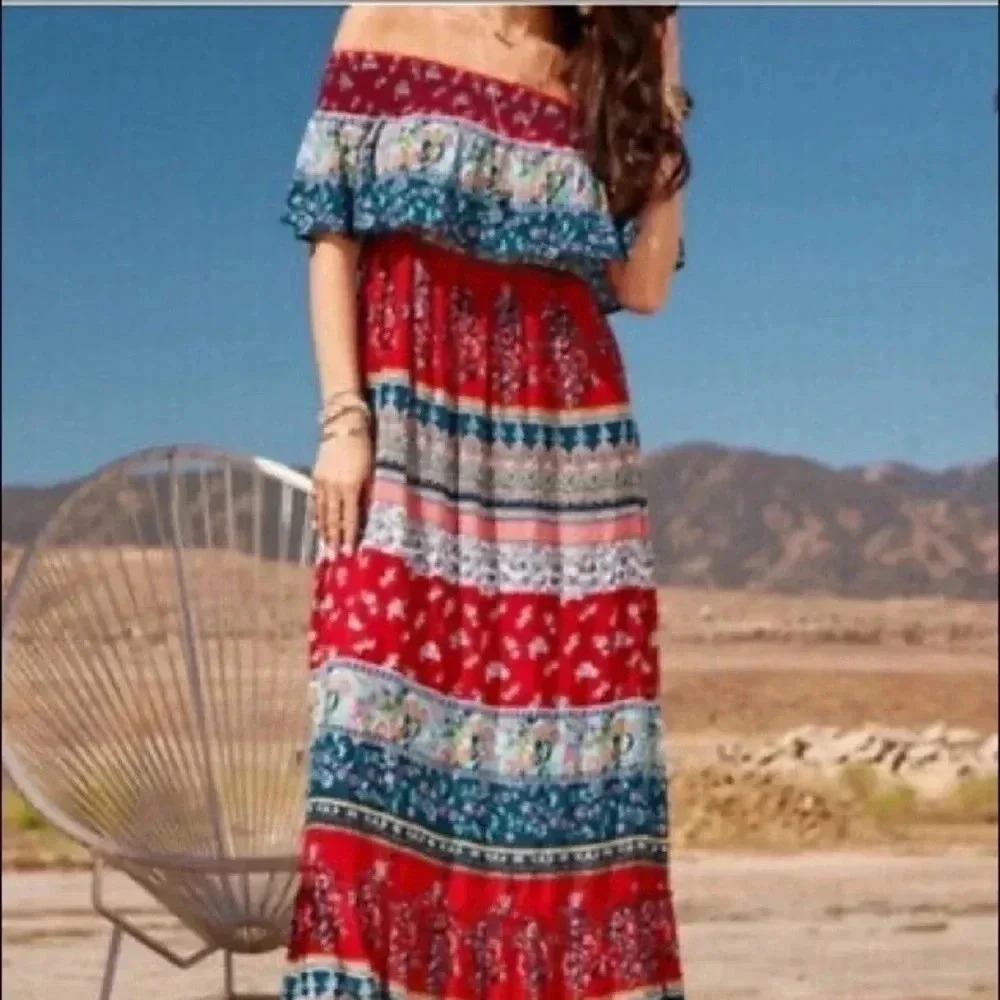 Patrons of Peace off shoulder boho smocked dress